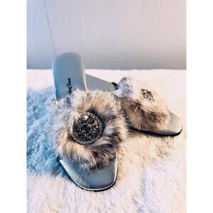 VTG 1950s Mink Fur Boudoir Slippers Rhinestone Hostess Shoes Silver Metallic 6.5